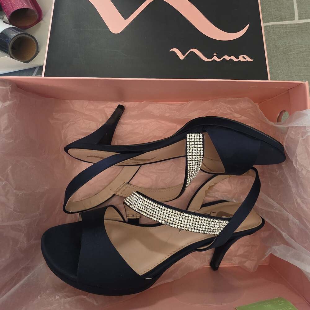 Nina Women's Navy Satin Crystal Strap Heeled Sandal Size 7